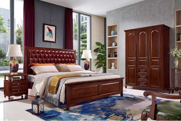 Diseño clásico de muebles de cama, cama 2 mesitas de noche 3 piezas conjunto de dormitorio.