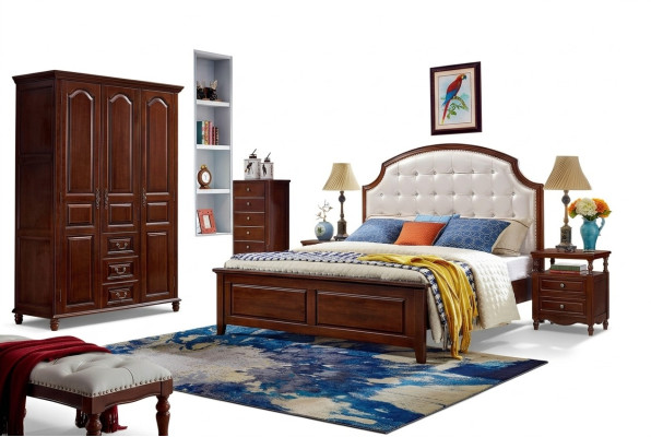 Juego de dormitorio con cama, 2 mesitas de noche y armario clásico de 4 piezas.