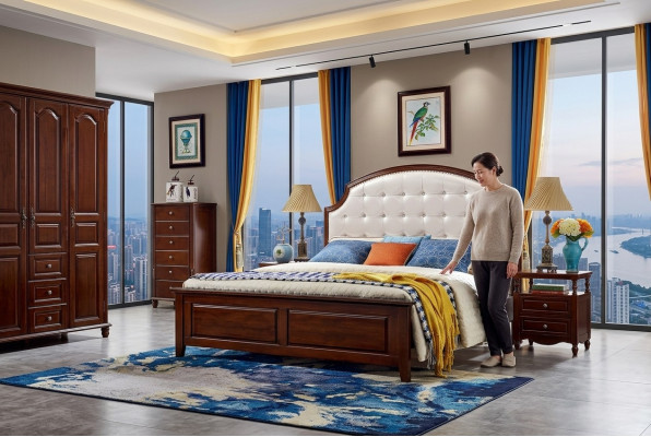 Conjunto de lujo de 3 piezas: cama, 2 mesitas de noche, marco de cama de madera para dormitorio.