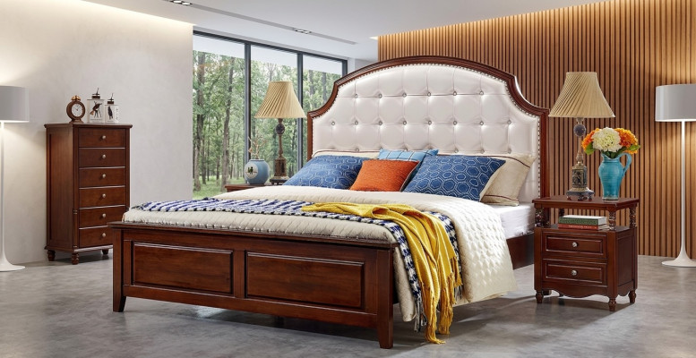 Conjunto de lujo de 3 piezas: cama, 2 mesitas de noche, marco de cama de madera para dormitorio.