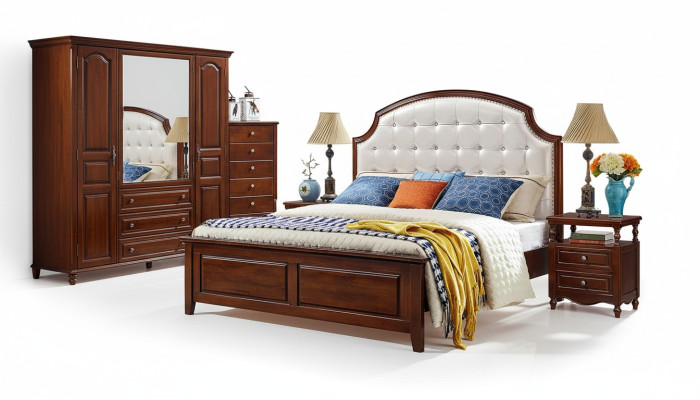 Conjunto de lujo de 3 piezas: cama, 2 mesitas de noche, marco de cama de madera para dormitorio.