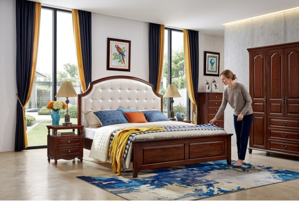 Muebles de cama de madera Diseño Camas macizas Cama doble Dormitorio clásico