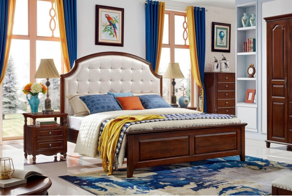 Muebles de cama de madera Diseño Camas macizas Cama doble Dormitorio clásico