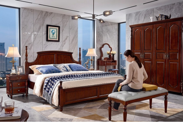 Diseño de dormitorio 3 piezas. Cama 2 mesitas de noche Conjunto de camas clásicas