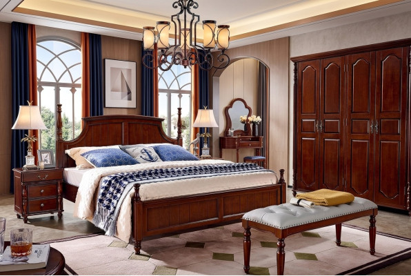 Diseño de dormitorio 3 piezas. Cama 2 mesitas de noche Conjunto de camas clásicas