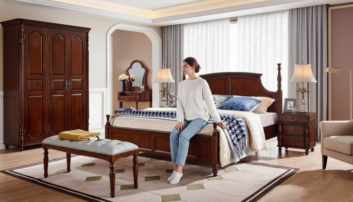 Camas Macizas Cama Doble Muebles de Cama Diseño de Madera Dormitorio Clásico