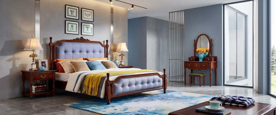 Diseño conjunto completo de dormitorio cama mesitas de noche tocador 5 piezas
