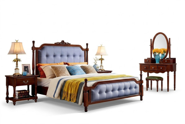 Diseño conjunto completo de dormitorio cama mesitas de noche tocador 5 piezas