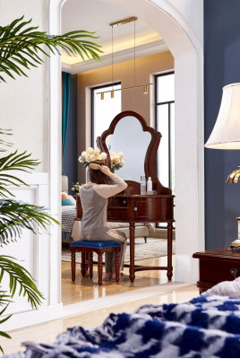 Muebles clásicos de madera maciza de lujo de 2 piezas: tocador y taburete para dormitorio.