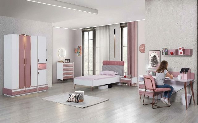 Conjunto de habitación juvenil completo para niños, mesa, cama, armario, cómoda de 5 piezas.