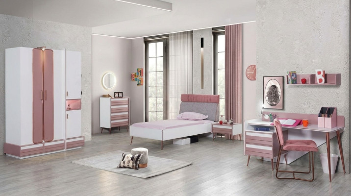 Conjunto de habitación juvenil completo para niños, mesa, cama, armario, cómoda de 5 piezas.