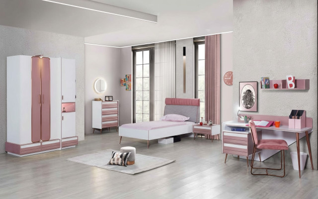 Conjunto de habitación juvenil completo para niños, mesa, cama, armario, cómoda de 5 piezas.
