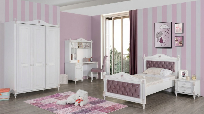 Dormitorio juvenil cama mesa de noche armario escritorio conjunto de 4 piezas.