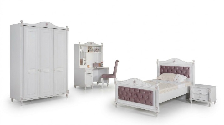 Dormitorio juvenil cama mesa de noche armario escritorio conjunto de 4 piezas.