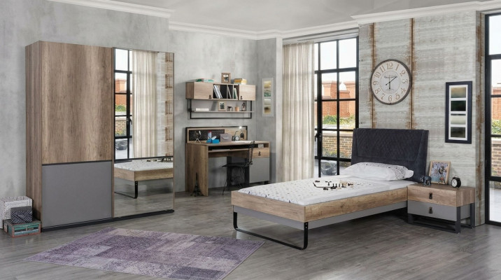 Juego completo de dormitorio juvenil para niños, mesa, cama, armario, mesita de noche, set de 4 piezas.