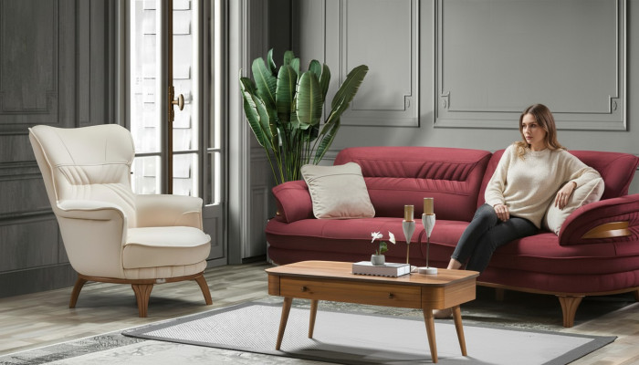 Sofá de 3 plazas + sillón sala de estar Sofás Sillas Lujo Tela Muebles