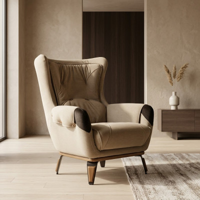 Sillón de asiento clásico para sala de estar de televisión de una plaza en tela beige.