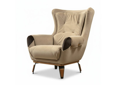 Sillón de asiento clásico para sala de estar de televisión de una plaza en tela beige.