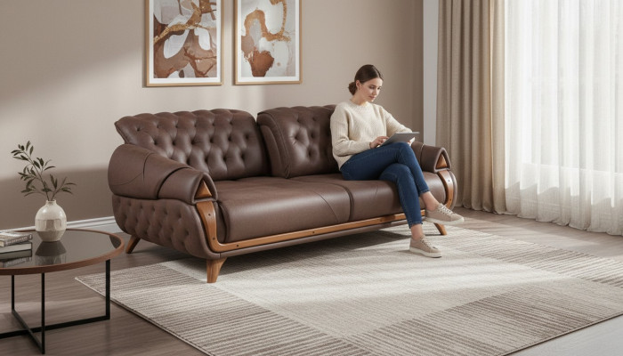 Sofá de tela de tres plazas, estilo clásico de muebles tapizados para diseño de sala de estar.
