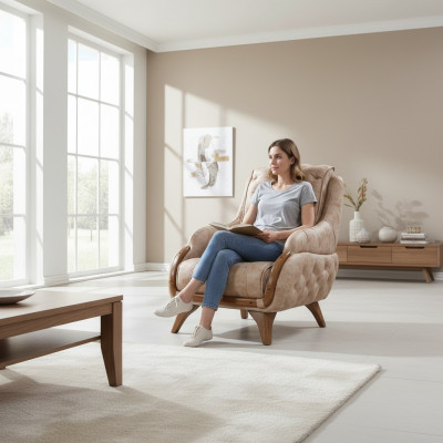 Sillón Asiento Diseño Clásico Sala de Estar Tapizado Individual Cuero Estilo