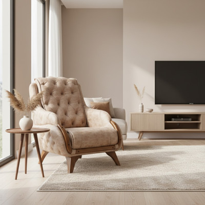 Sillón Asiento Diseño Clásico Sala de Estar Tapizado Individual Cuero Estilo