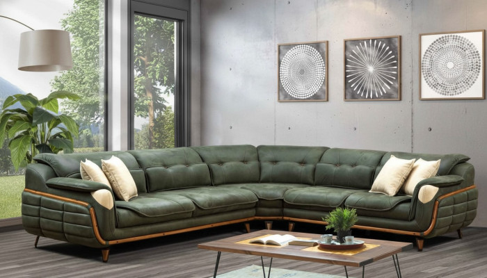 Diseño de sofá en forma de L con acolchado de lujo para salón estilo suave.