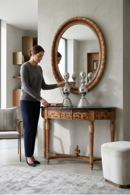 Muebles italianos de madera Juego de 2 piezas Estilo de muebles Barroco Mesa consola con espejo Nuevo.