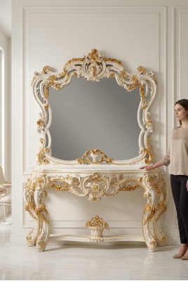 Espejo clásico, tocador, mesa de consola blanca de madera para muebles de dormitorio de 2 piezas.