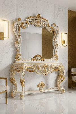 Espejo clásico, tocador, mesa de consola blanca de madera para muebles de dormitorio de 2 piezas.