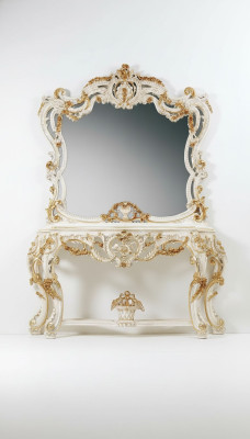 Espejo clásico, tocador, mesa de consola blanca de madera para muebles de dormitorio de 2 piezas.