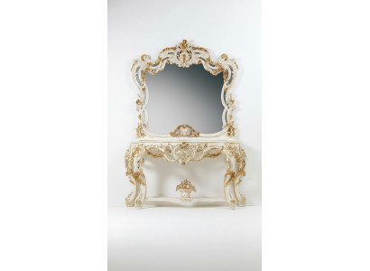 Espejo clásico, tocador, mesa de consola blanca de madera para muebles de dormitorio de 2 piezas.