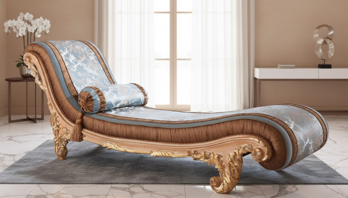 Camas de lujo marrones Art déco, cómodas y relajantes, chaiselongue de lujo. Muebles italianos.