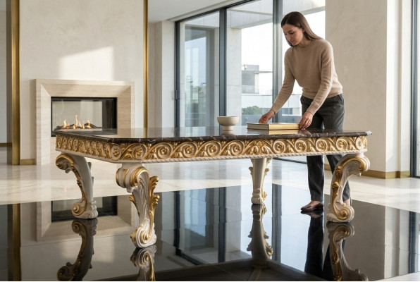 Mesa de café con tablero de mármol antiguo mesa auxiliar de madera de mármol clásica.