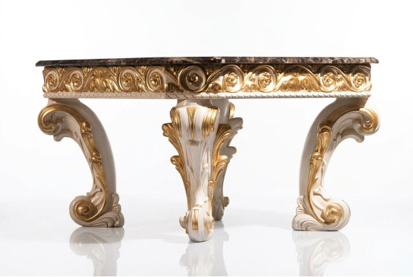 Mesa de centro con mármol, mesa redonda, mesa auxiliar antigua barroca rococó italiana.