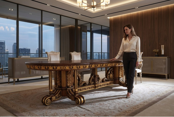 Mesa de comedor Hoja de comedor Dorado Sala de estar Madera Mesa clásica italiana Muebles
