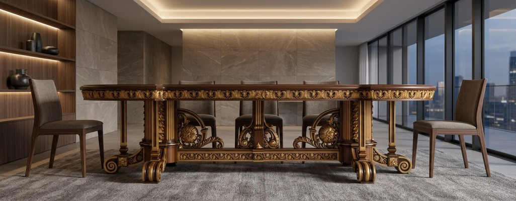 Mesa de comedor Hoja de comedor Dorado Sala de estar Madera Mesa clásica italiana Muebles