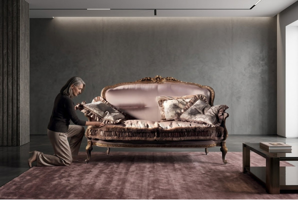 Sofá de 2 plazas de madera con tapizado, muebles de sofá de diseño italiano nuevos.
