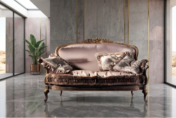 Sofá de 2 plazas de madera con tapizado, muebles de sofá de diseño italiano nuevos.