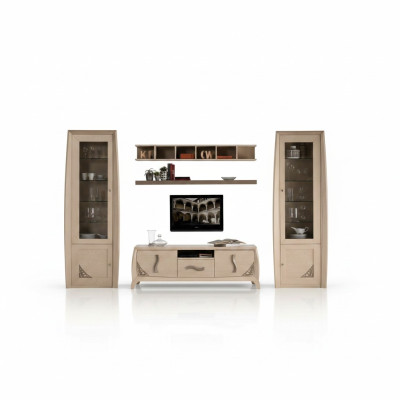 Conjunto de paredes de salón, vitrina, cómoda para TV, estantes de pared, cómodas, armario de madera, muebles de 5 piezas.