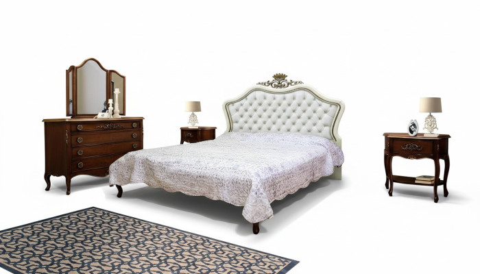 Conjunto completo de 4 piezas para dormitorio Diseño moderno y lujoso Cama 2 mesitas de noche Cómoda