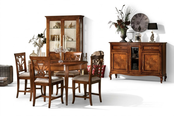 Juego de comedor Conjunto de sillas 4x Vitrina Grupo de comedor Vitrinas 7 piezas Cómoda