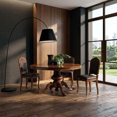 Mesa de comedor redonda de lujo en madera maciza de Italia.