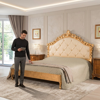 Nueva cama doble Chesterfield de lujo con cabecero tallado