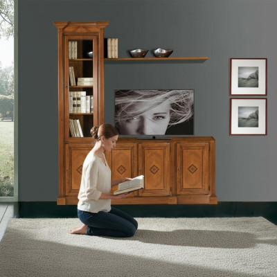 Mueble de salón de madera con vitrina, mueble de TV, paredes de armario, diseño moderno.