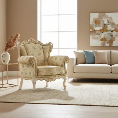 Sillón orejero de lujo, diseño de asiento de tela, tapicería estilo Elisa, textil, asiento individual nuevo.