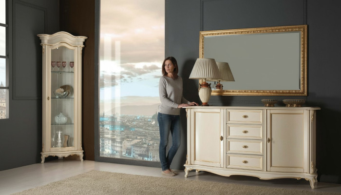 Vitrina de salón armario cómoda Italia espejo conjunto clásico de 3 piezas blanco nuevo