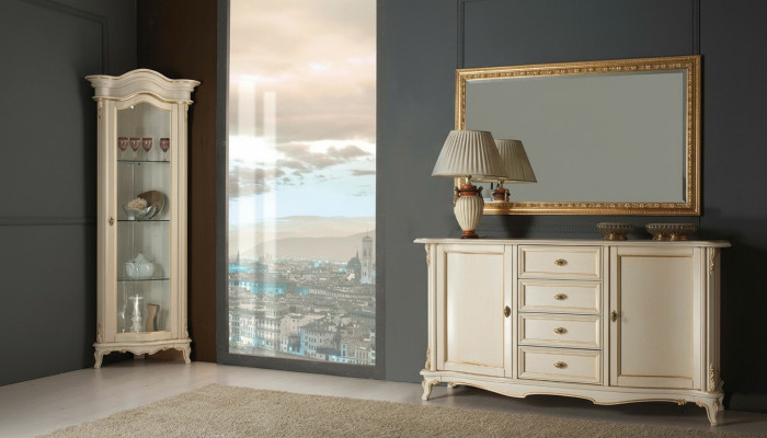 Vitrina de salón armario cómoda Italia espejo conjunto clásico de 3 piezas blanco nuevo