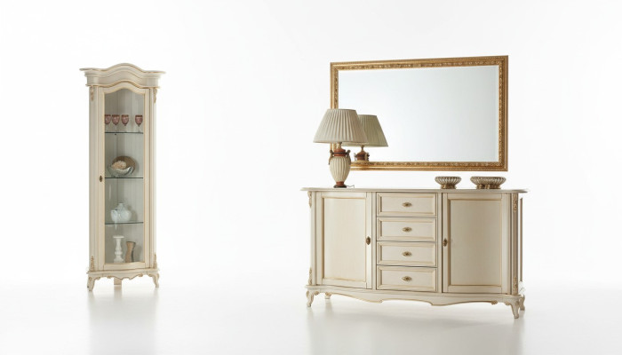 Vitrina de salón armario cómoda Italia espejo conjunto clásico de 3 piezas blanco nuevo