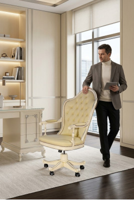 Silla de oficina de madera, sillon de director Chesterfield, muebles italianos blancos, giratorios, blancos, nuevos.