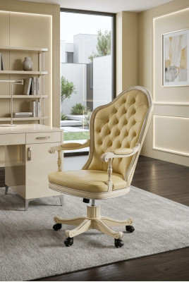 Silla de oficina de madera, sillon de director Chesterfield, muebles italianos blancos, giratorios, blancos, nuevos.